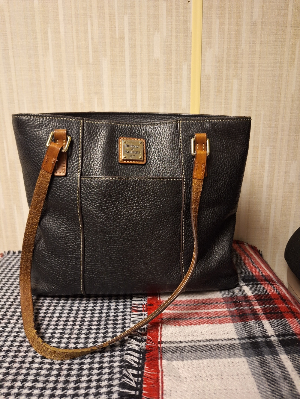 Dooney & Bourke Black Pebble Leather Tote with Brown Straps